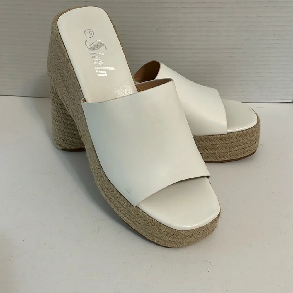 Sandal shoes woman’s 10 white jute espadrille slip on chunky platform wedge heel